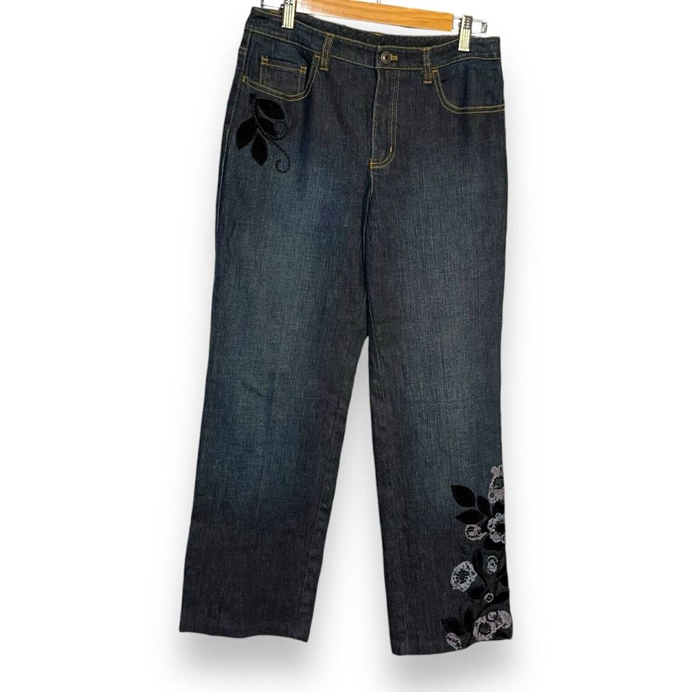 Talbots Straight Leg Jeans Floral Embroidered Women's 6 Petite Blue Denim Casual